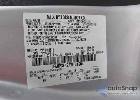 2010 Ford Focus Se z USA, uszkodzony, nr VIN 1FAHP3FN2AW131504